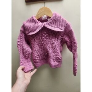 Zara Kids Girls violet Cable Knit Bobble Sweater Peter Pan Collar Size 2-3Y